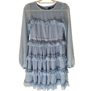 Tiered Ruffle Sheer Mini Dress Powder Blue - Boohoo Brand Size 10 - Whimsy Dots